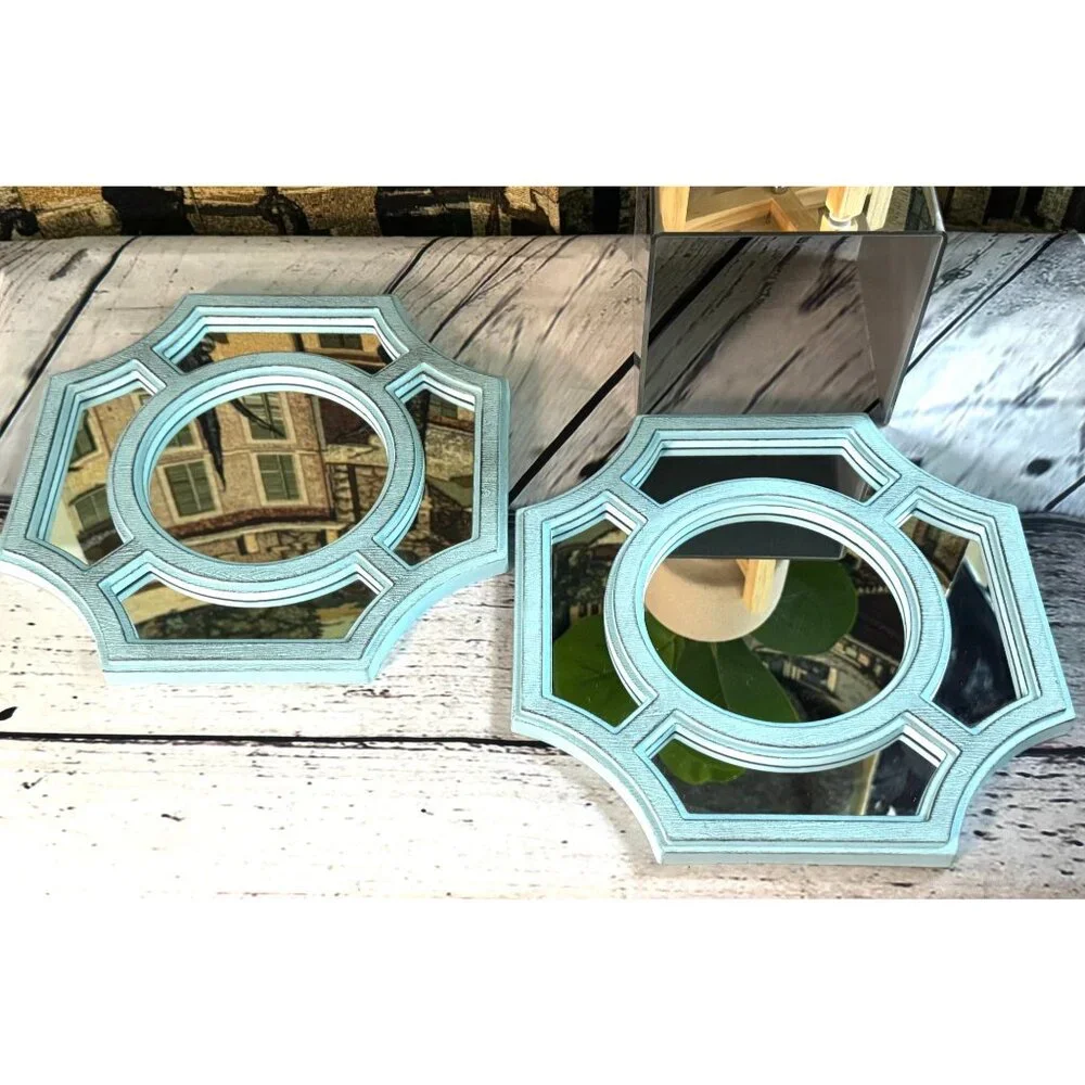 Set Of 2 Light Blue Octagonal Wall Mirrors With Geometric Design